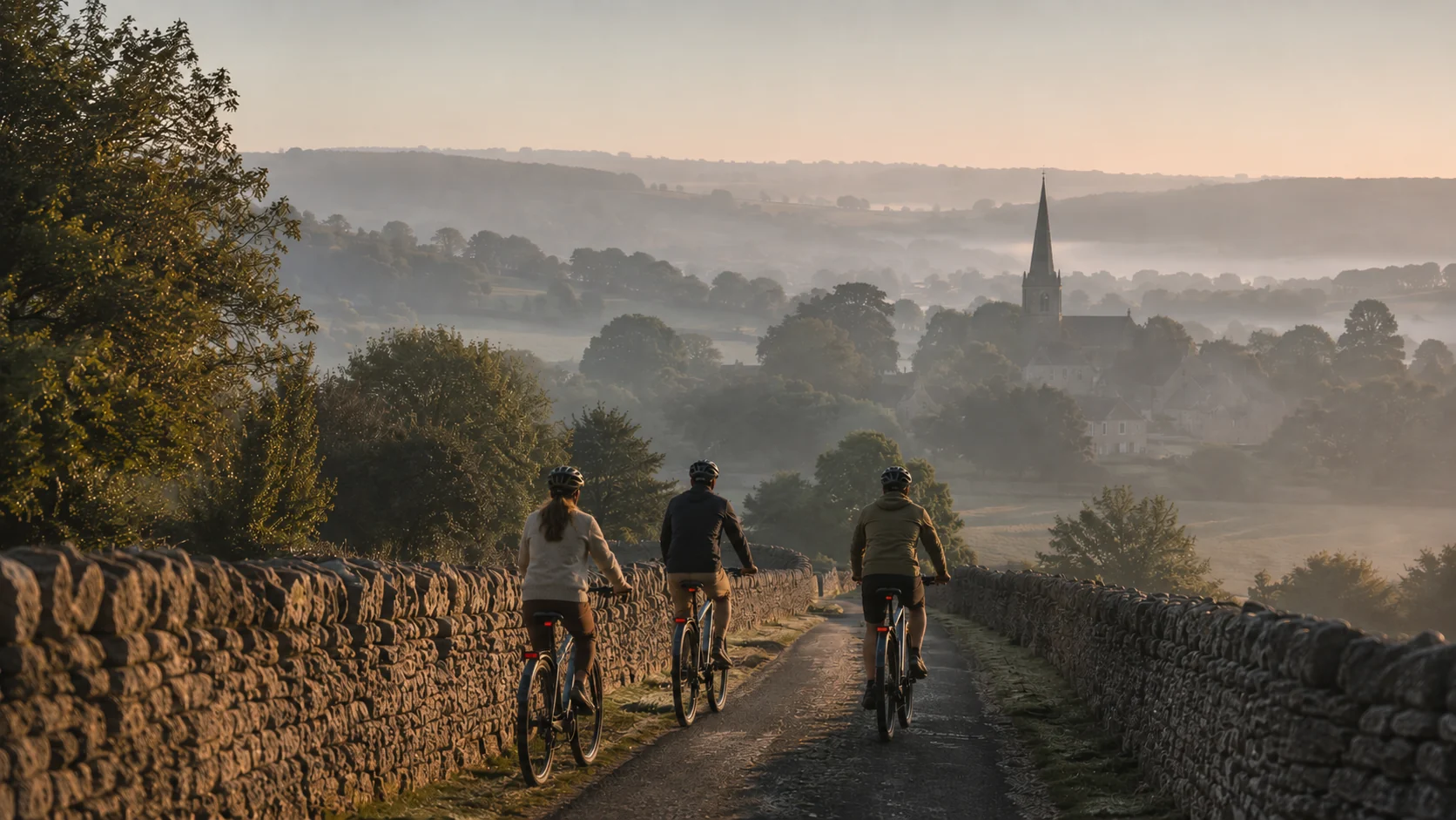Dawn over the Cotswold hills, a quiet lane between dry-stone walls