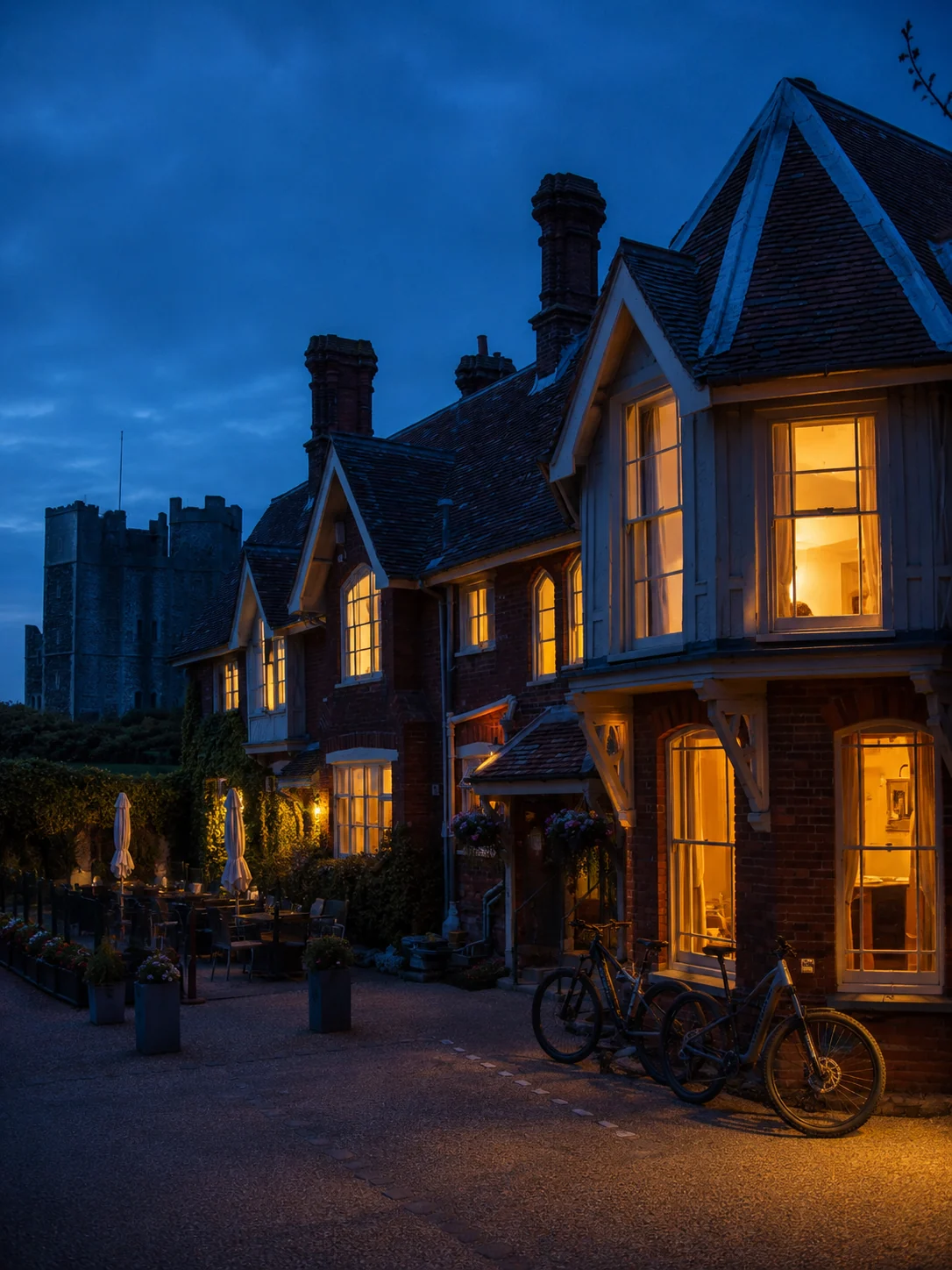 Crown and Castle hotel, Orford at dusk