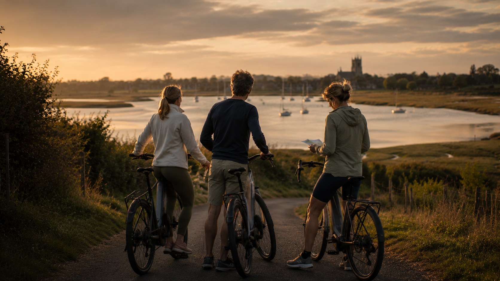 Three cyclists pausing on a quiet Suffolk lane at golden hour above the Deben estuary, one reading a map, moored sailing boats and a church tower beyond