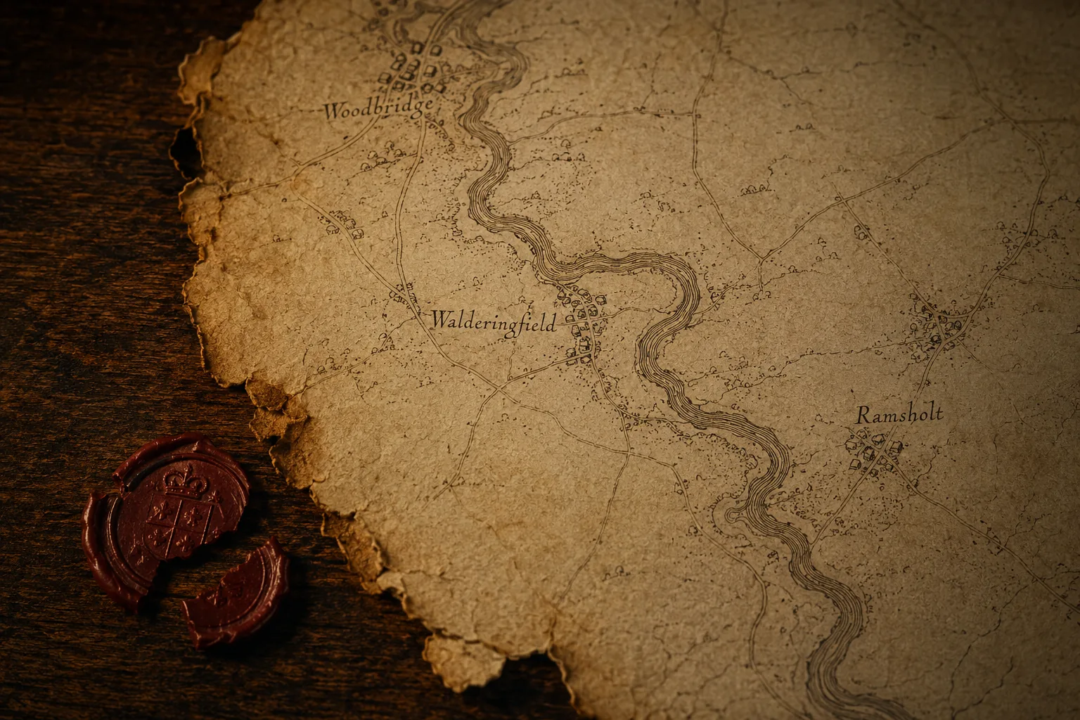 Thomas Aldred's aged map of the Deben estuary, its broken wax seal beside it