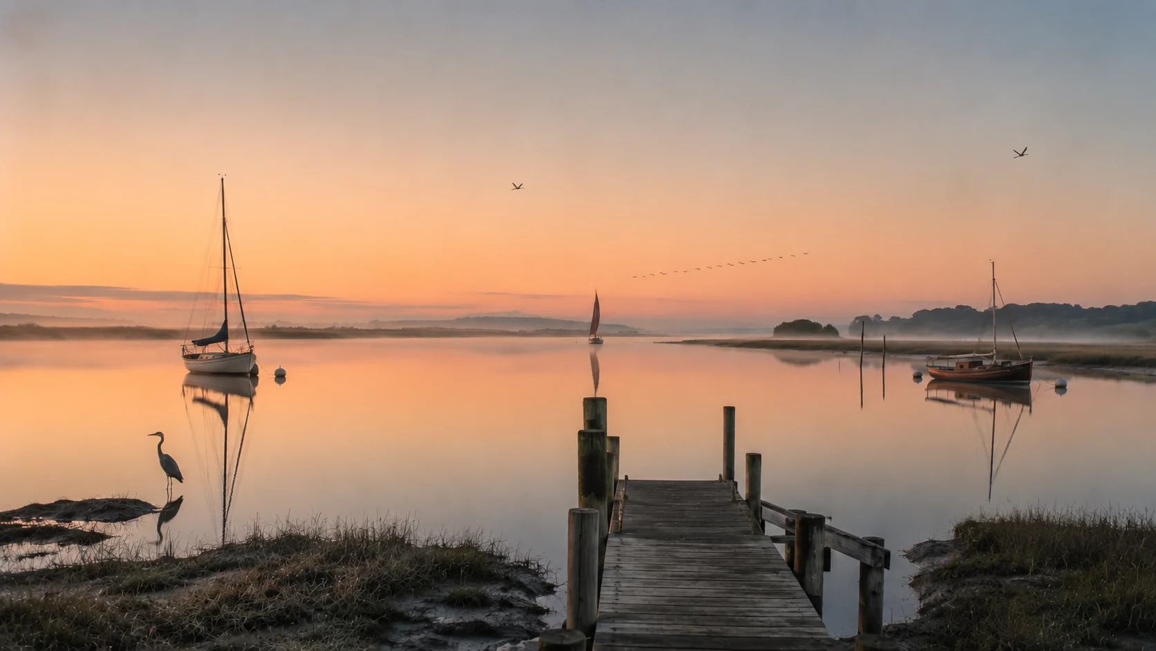 The River Deben at Ramsholt at dawn, boats moored on tidal water